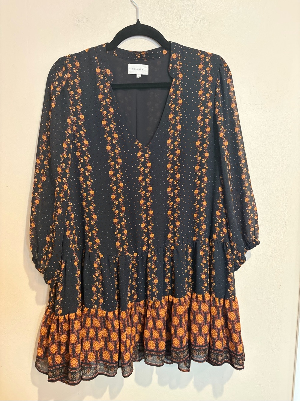 Melloday Boho Black Mini Dress w/ Golden Floral Design and Ruffled Hem, size L